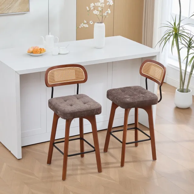 STILVORA Barkruk 67,5 Cm - Set Van 2 Volledig Draaibaar Met Rotan Rugleuning En Gewatteerde Chenille Zitting - Keukenbar - Bruin Koffiebruin