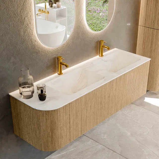 Mondiaz KURVE-DLUX 145 cm Onderkast Greeploos 1 Lade Met Deuren Oak, Wastafel Solid Surface Rechts Ostra 2 Kraangaten Zonder Spiegel (KRVLEA145L1L1D2KD-Oak/Ost)