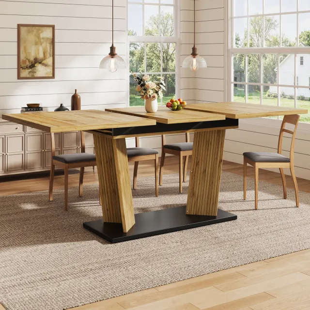 STILVORA Eettafel - Uitschuifbaar Met Stabiele Dubbele Kolompoot - Voor Eetkamer En Kleine Ruimtes - MDF En Metaal - 120-160x80x76 Cm - Eikenkleur Oak