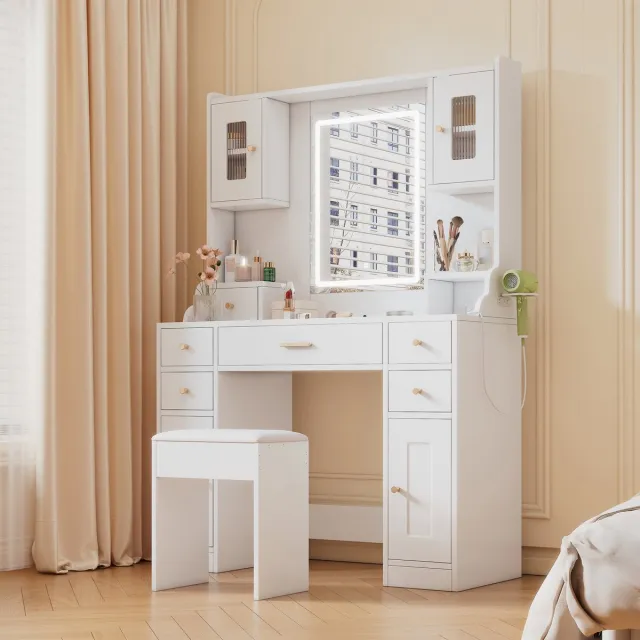 Zubaliya Kaptafel met LED-spiegel, 6 lades en stopcontacten - wit - 105 x 40 x 152 cm