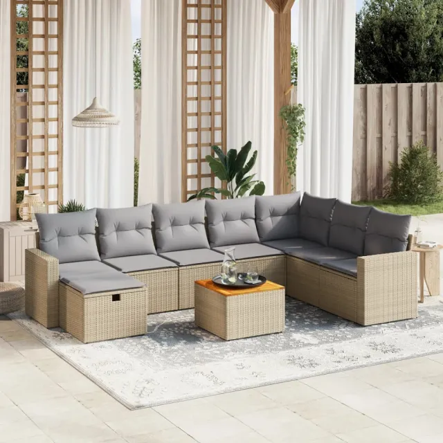 vidaXL 9-delige Loungeset met kussens poly rattan gemengd beige, foto 2