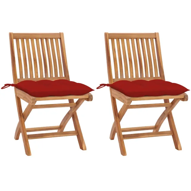 vidaXL Inklapbare stoelen 2 st met rode kussens massief teakhout Rood