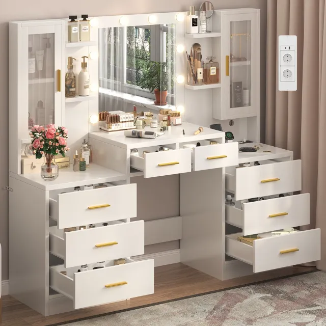 Mihtrov Kaptafel met Spiegel - Make Up Tafel - Met Spiegel en 10 LED Lampen - Met Stopcontacten - USB poort - Type C - 3 Lichtkleuren - 8 Lades en 2 Kasten - 4 Open Opbergplanken - 150L x 135H x 40W cm - Eenvoudige Montage - Voor Slaapkamer Kleedkamer - Wit