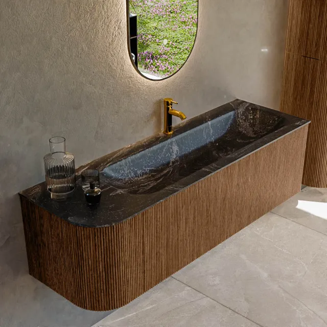 Mondiaz KURVE-DLUX 145 cm Onderkast Greeploos 1 Lade Met Deuren Walnut, Wastafel Solid Surface Rechts Lava 1 Kraangat Zonder Spiegel (KRVBGL145L1L1D1KR-Wal/Lav)