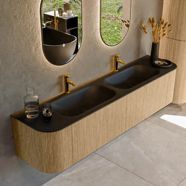 Mondiaz KURVE 190 cm Onderkast Greeploos 2 Lades Met Deuren Oak, Wastafel Solid Surface Dubbel Urban 2 Kraangaten Zonder Spiegel (KRVBGS190L+R2L2D2KD-Oak/Urb)