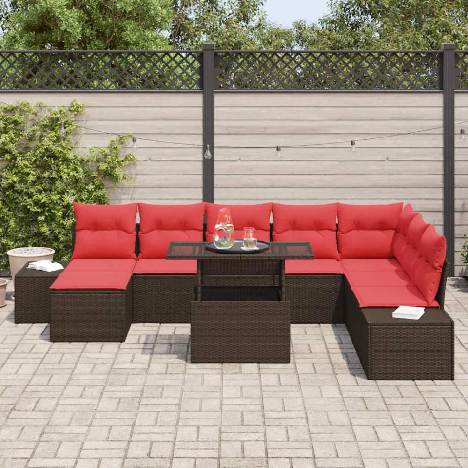 vidaXL Tuin Sofa Set 9 st Bruin en Rood poly rattan, foto 3