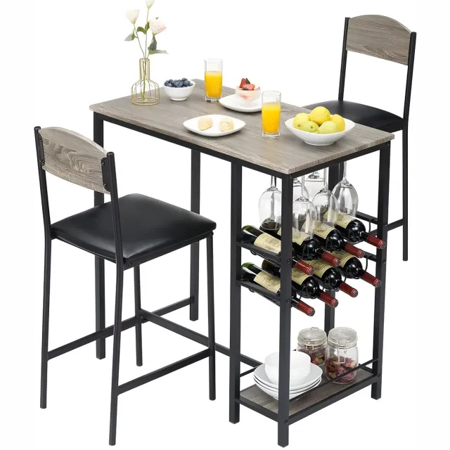 Happiq 3-delige bartafelset - Voor keuken & eetruimte - Bartafel met 2 gestoffeerde stoelen, voetsteunen en opbergplank - Hout en stof - Grijs Grey