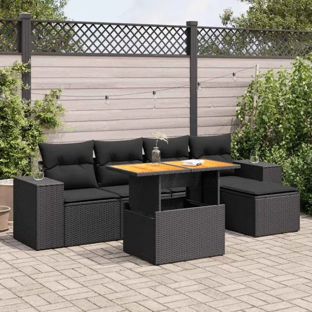 vidaXL 6-delige Loungeset met kussens poly rattan zwart, foto 2