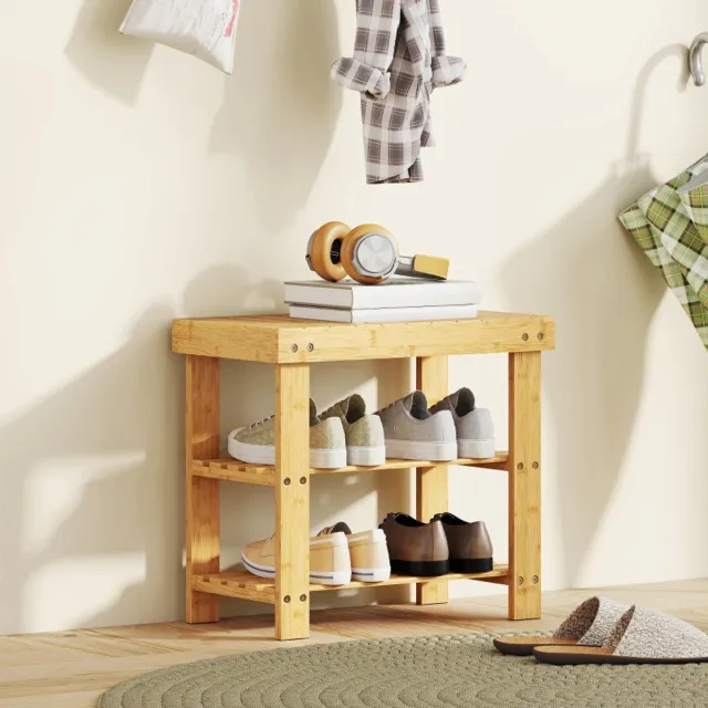 MIVRAY Schoenenbank – 50x28x45 cm – Met 2 Opbergplanken – Hout – Naturel – Voor Hal En Entree – Compact Bankje Met Zitvlak Naturel hout