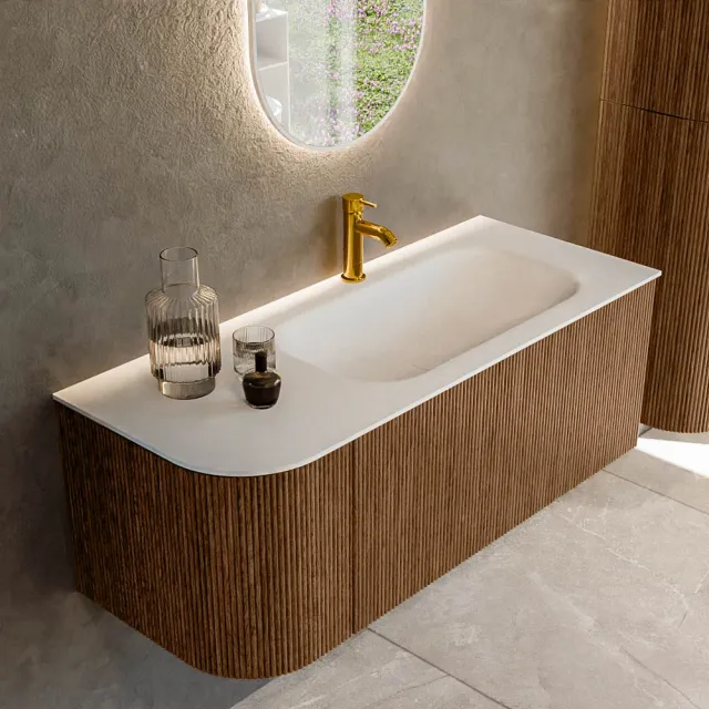 Mondiaz KURVE 115 cm Onderkast Greeploos 1 Lade Met Deuren Walnut, Wastafel Solid Surface Rechts Talc 1 Kraangat Zonder Spiegel (KRVBGS115L1L1D1KR-Wal/Tal)