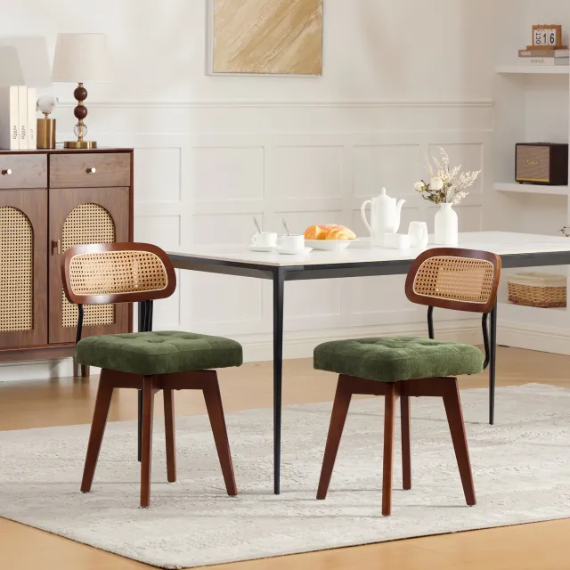 Wishdor Eetkamerstoelen set van 2 - 360° draaibaar met rotan rugleuning - Gewatteerde chenille zitting - Landelijke en boho stijl - Eetkamer slaapkamer kantoor - Groen - 43 x 50 x 77 cm