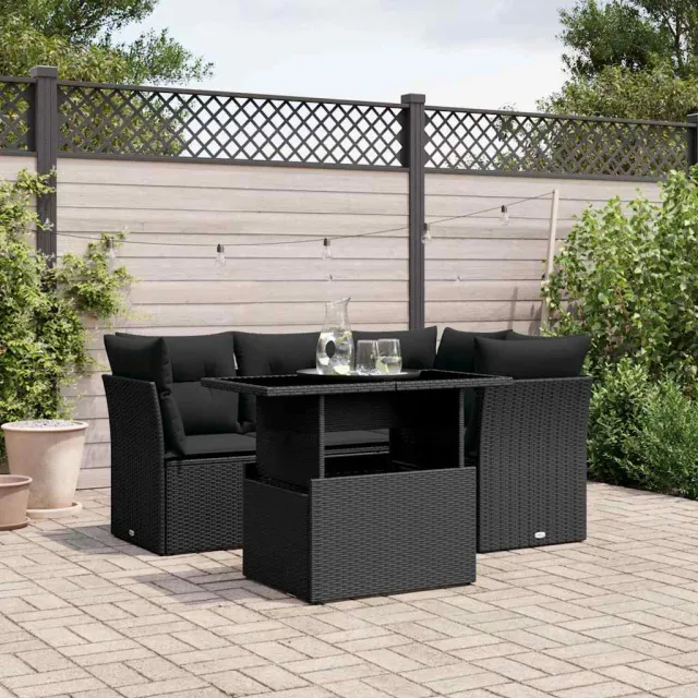 vidaXL 5-delige Loungeset met kussens poly rattan zwart, foto 2