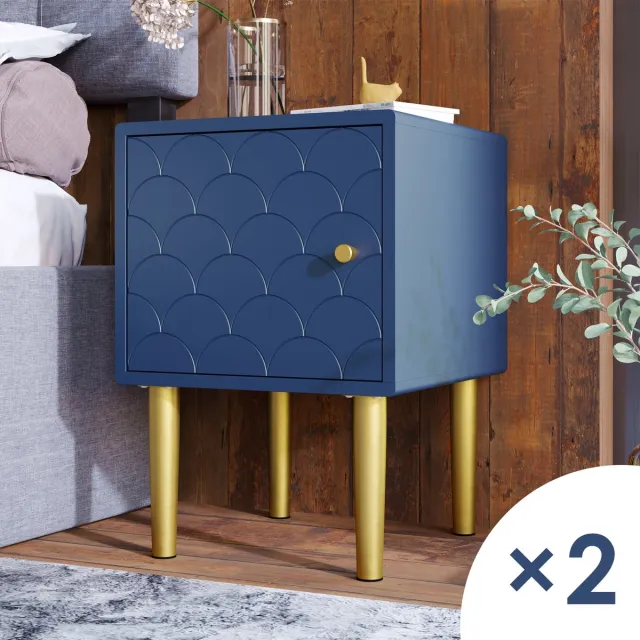 OKWISH Nachtkastjes Set Van 2 - Met Deur En Visschubmotief - Voor Slaapkamer En Woonkamer - Spaanplaat En Metaal Marineblauw - 35x35x51 Cm Navy