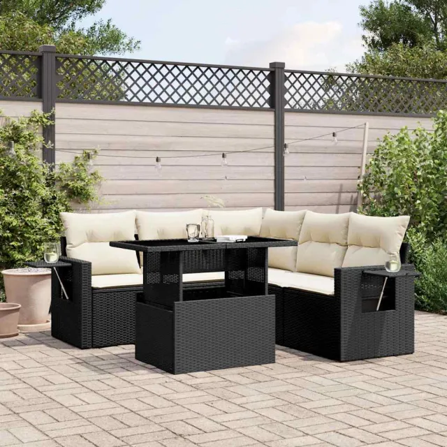 vidaXL 6-delige Loungeset met kussens poly rattan zwart, foto 2