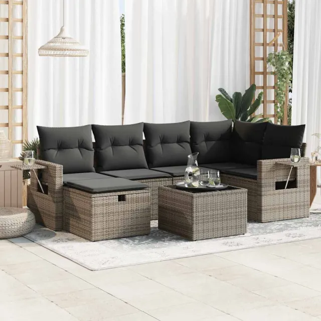 vidaXL 7-delige Loungeset met kussens poly rattan grijs, foto 2