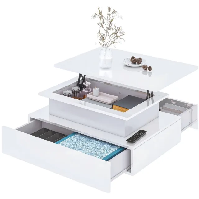 Mura Logistiek Mura Salontafel - Coffee Table - Verstelbare Tafel - In Hoogte Verstelbaar Liftblad - 2 Opberglades - 1 Opberg Vak - Wit