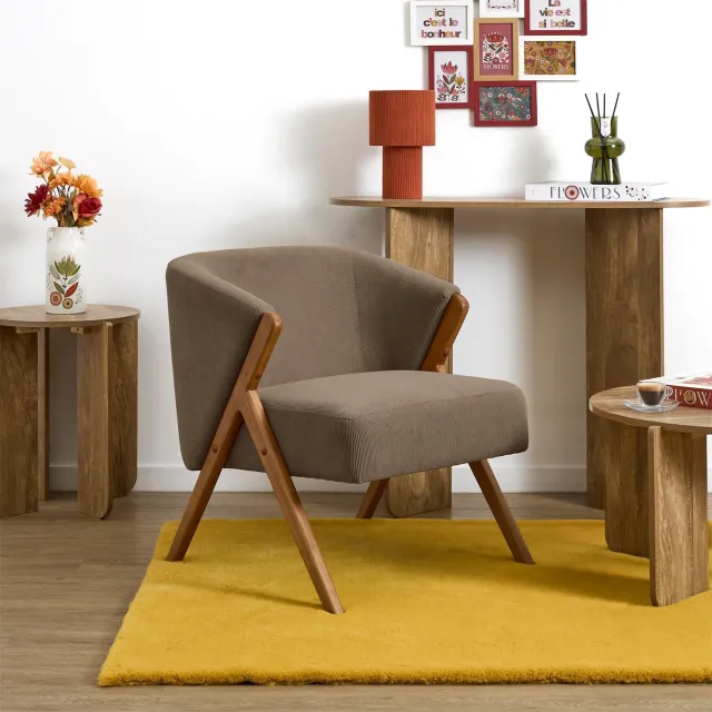 MISOU Fauteuil - Eetkamerstoel - Dinerstoel - Loungestoel Met Armleuning - Ribstof - Hout - Taupe - JULES