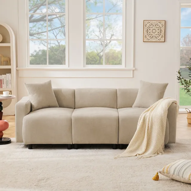 REDOM 3-Zits Sofa - Afgeronde Armleuningen - Verhoogde Rugleuning - Modern Design - Woonkamer - Chenille - Beige - 211 X 67 X 71 Cm