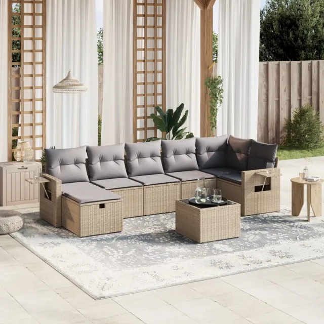 vidaXL 8-delige Loungeset met kussens poly rattan gemengd beige, foto 2