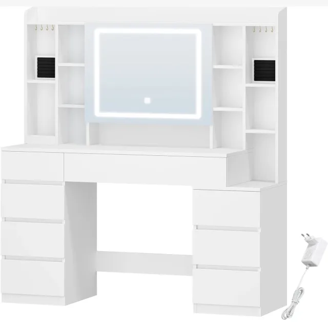 Happiq Dressing Table – Voor Slaapkamer en Make-up – Kaptafel 120 cm met Grote Spiegel, 8 Lades, 11 Open Vakken en Geïntegreerd Sieradenvak – Wit / Modern White