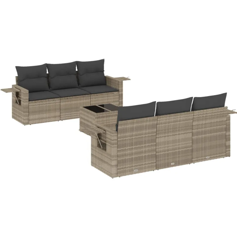 vidaXL 7-delige Loungeset met kussens poly rattan lichtgrijs grijs