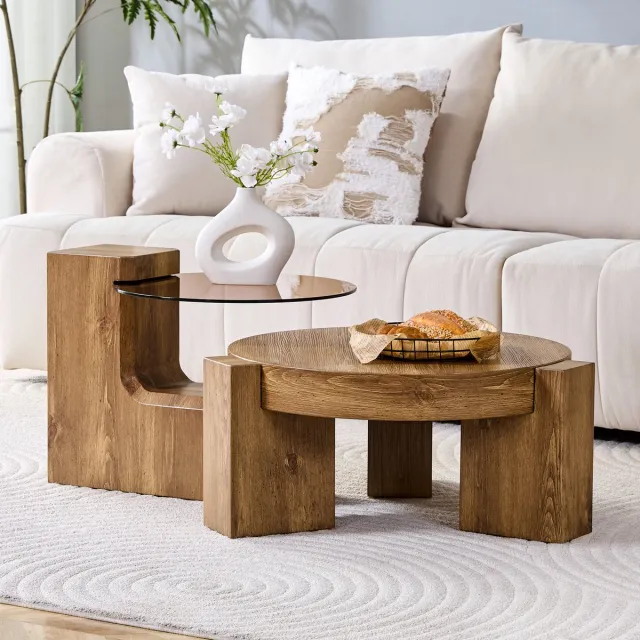 intebiki [Deelbare salontafelset] MDF met houtlook + 0,6 cm bruin getint veiligheidsglas – gecombineerd als salontafel / gescheiden als twee bijzettafels, aanpasbaar aan verschillende woonkamerindelingen.