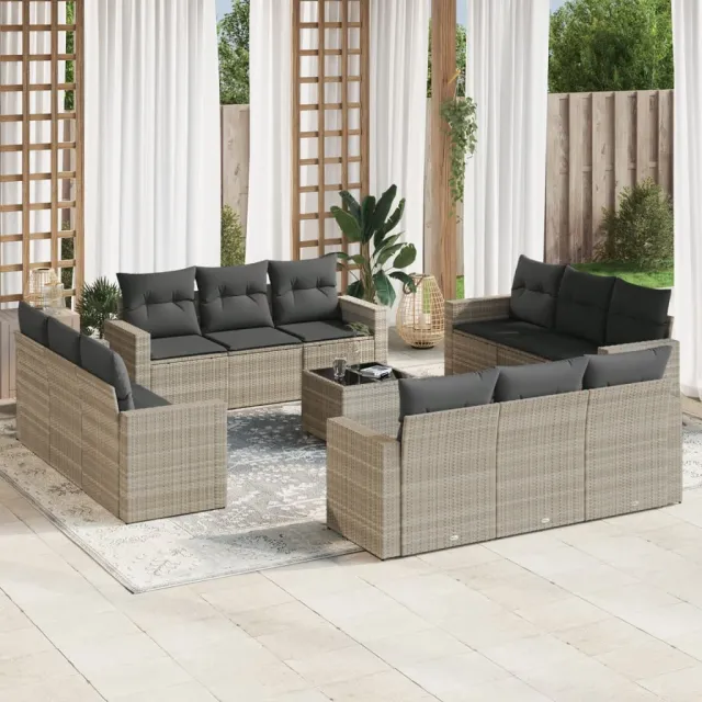 vidaXL 13-delige Loungeset met kussens poly rattan lichtgrijs grijs, foto 2