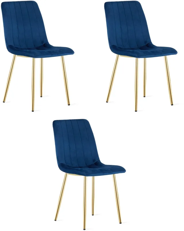 Oskar LAVA Eetkamerstoelen – Set van 3 – Marineblauw Velvet – Goudkleurige Metalen Poten – Comfortabele Gestoffeerde Zitting – Modern Design – Velvet Stoel voor Woonkamer, Keuken en Eetkamer – Max. 110 kg per Stoel