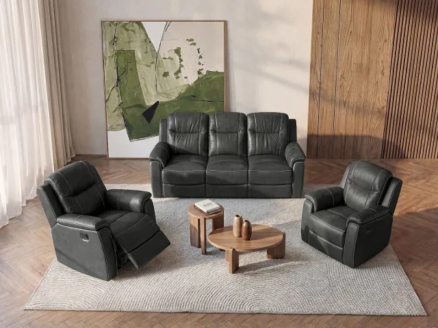 Vente-unique Driezitsbank en 2 relaxfauteuils EVASION van leer - grijs Antracietgrijs