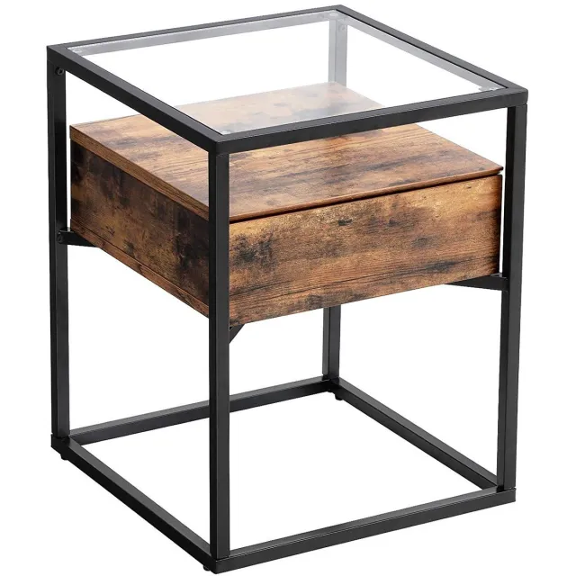 MrMarketplace Bijzettafel met Glasplaat - Nachtkastje met Lade - Rustiek Bruin - Industrieel - 43 x 43 x 54 cm
