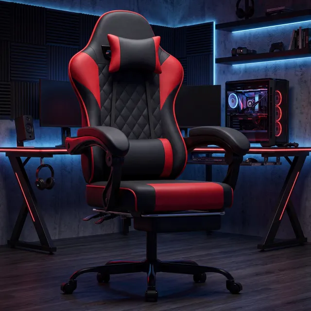 REDOM Gaming bureaustoel - Lendensteun - Verstelbare hoofdsteun en armleuningen - Voetsteun - Kantelbaar 90° 105° 135° - PVC - Zwart rood - 120,5 x 63 x 58,5 cm Zwart en rood