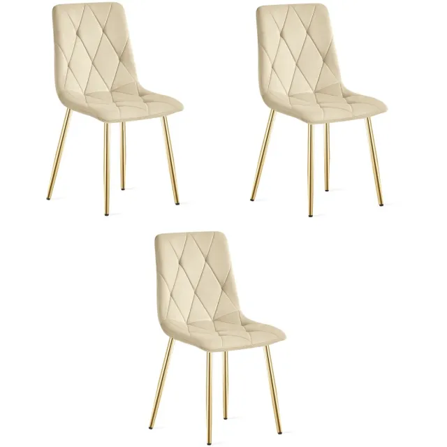 Oskar Set van 3 Eetkamerstoelen LIBRA - Lichtbeige fluweel - Gouden metalen poten - Modern design beige / goud