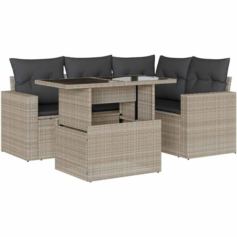 vidaXL 5-delige Loungeset met kussens poly rattan lichtgrijs grijs, foto 3