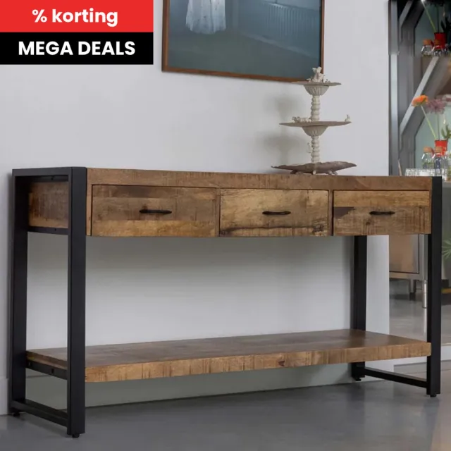 Mahom Mangohouten Sidetable Britt 3 lades Mahom Industrieel - Kleine tafel van Mangohout & Metaal - Industriële Huiskamertafel Bruin