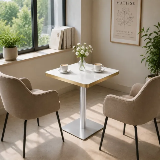 COVREO Eettafel 60x60 cm wit, MDF en metaal, marmerlook met gouden rand