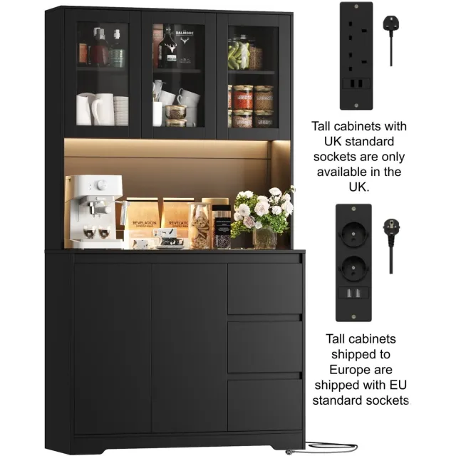 NordHaus Keukenbuffet - Buffetkast - Keukenkast met LED - Geïntegreerde Stopcontacten en USB - Zwart 100 x 38,5 x 180 cm