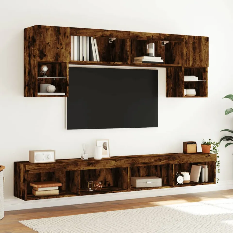 vidaXL 6-delige tv-wandmeubelset met LED bewerkt hout gerookt eiken, foto 3