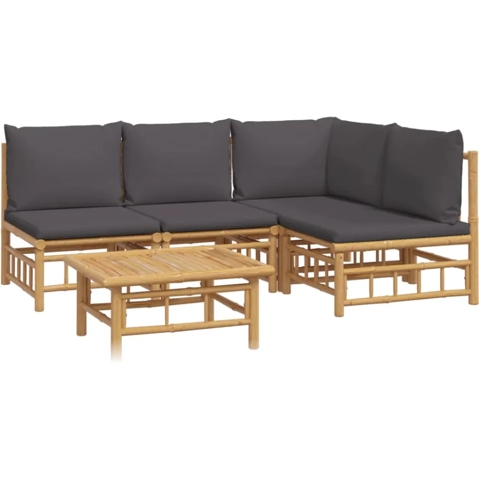 vidaXL 5-delige Loungeset met kussens bamboe donkergrijs Bruin