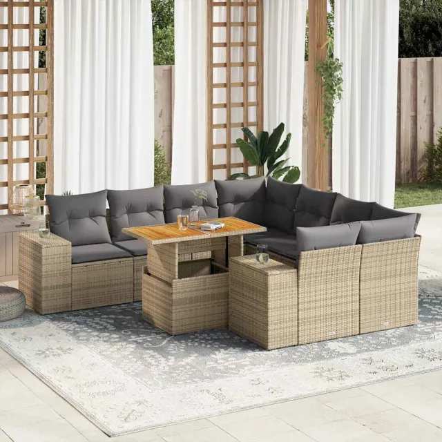 vidaXL 9-delige Loungeset met kussens poly rattan beige, foto 2