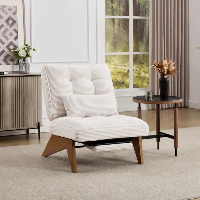 COVREO Relaxfauteuil 127 x 73 x 90 cm - verstelbare rugleuning, voetsteun, lendenkussen, beige cord