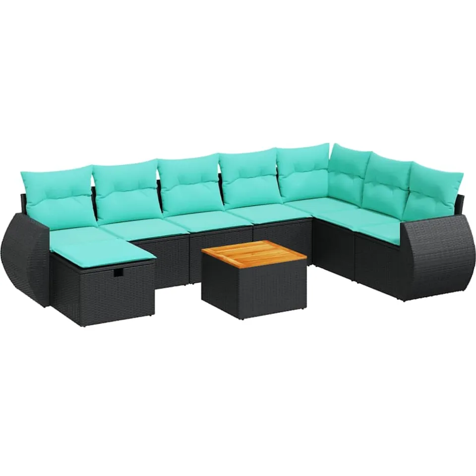 vidaXL 9-delige Loungeset met kussens poly rattan zwart