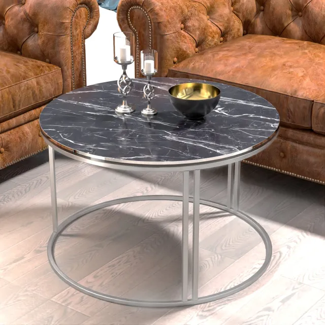 en.casa Salontafel Aulum rond 50x70 cm marmer zwart en zilverkleurig