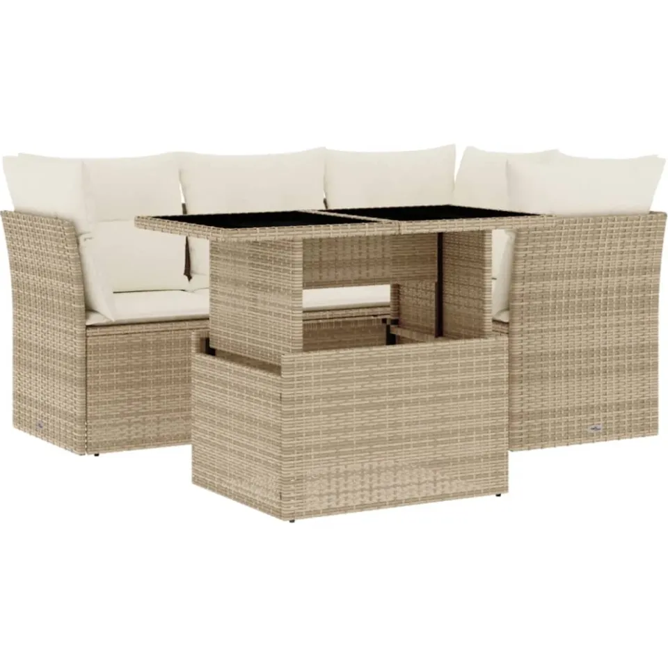 vidaXL 5-delige Loungeset met kussens poly rattan beige, foto 3