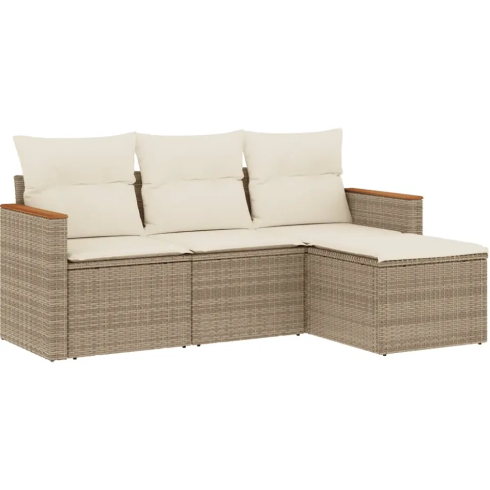 vidaXL 4-delige Loungeset met kussens poly rattan beige, foto 3