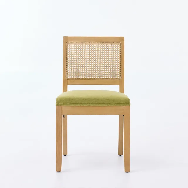 SONNENH Eetkamerstoelen set van 2 met olijfgroene stoffen zitting, rotanlook rug en massief houten frame Olijfgroen en naturel