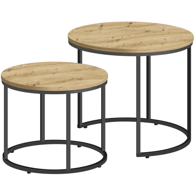 LEOBERT Ronde Salontafels - Set van 2 - Artisan/Zwart - Ø53 en Ø43 cm Artisan eikenlook
