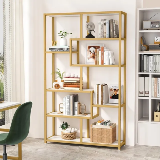 Tribesigns Boekenkast - Boekenrek met 8 Planken - Modern - Kasten Spaanplaat - Wit en goud - 100 x 30 x 180 cm Wit Goud