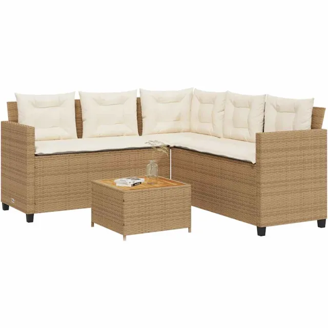 vidaXL Tuinbank met tafel en kussens L-vormig poly rattan beige Grijs