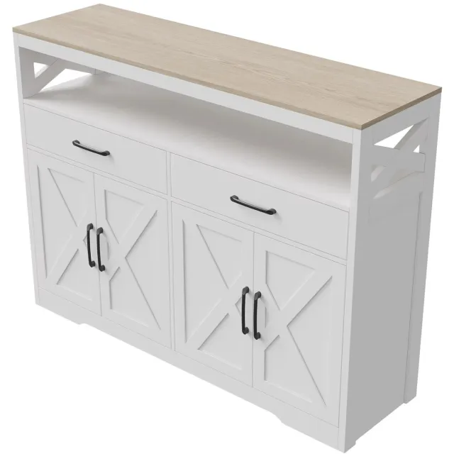 Happiq Dressoir - 140 x 40 x 105 Cm Wit Hout en Metaal - Modern Design met 2 Laden, 4 Deuren en Verstelbare Planken - voor Keuken en Eetkamer White