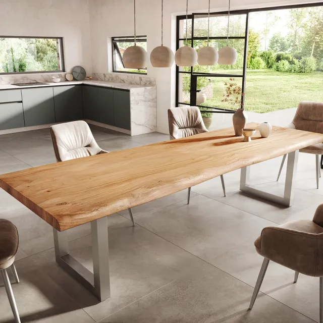 DELIFE Eettafel Edge acacia natuur 300x100 XL edelstaal breed Live-Edge Bruin